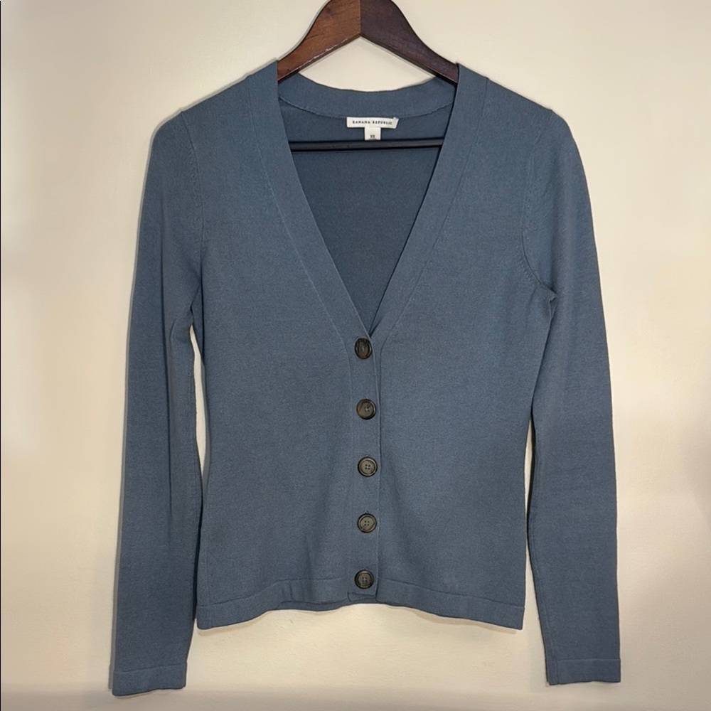 Silk Cashmere Slate Blue Cardigan Sweater V-Neck Knit